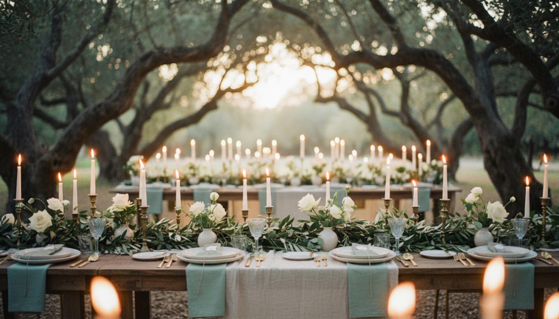 A long table laid for a wedding dinner under olive trees at dusk, with candles, white roses and sage-green linen.